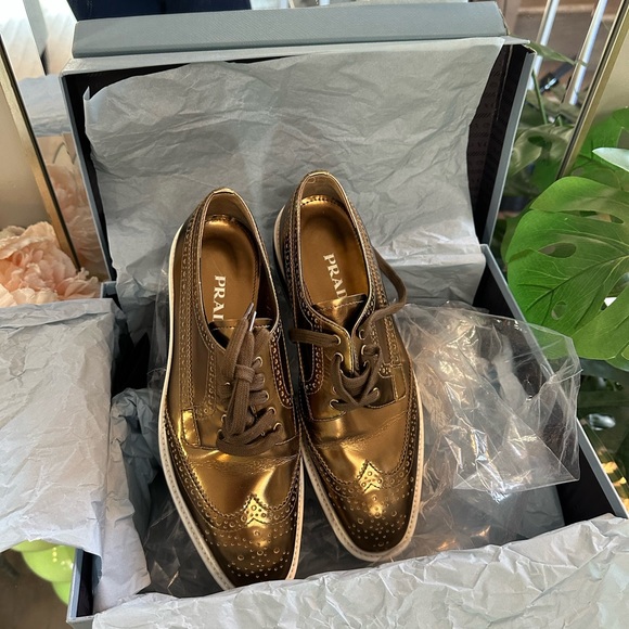Prada Gold Leather Oxford Platform Loafers - Women's 38 - Picture 2 of 5